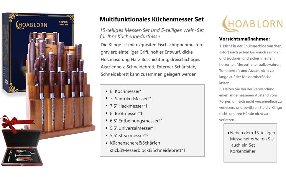 Набір кухонних ножів Chefhoablorn 15-TLG: професійний набір з нержавіючої сталі, 20 предметів. Ідеальний подарунок на новосілля або весілля.