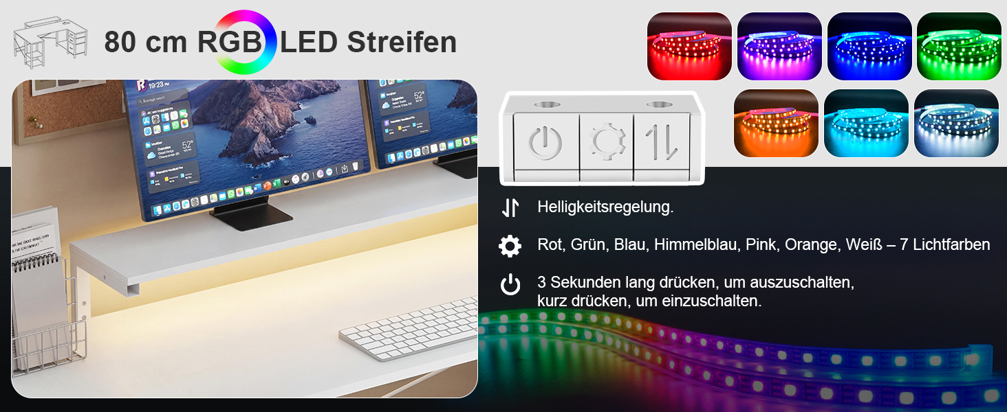 Ігровий стіл Devoko кутовий з LED, 3 шухляди, 170x95x75 см, білий - з регульованою полицею, розетками та USB