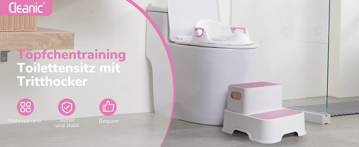 Дитяче сидіння на унітаз DEANIC з підставкою-сходинками, рожеве - для малюків від 1 до 6 років + 2 подушки та щітка