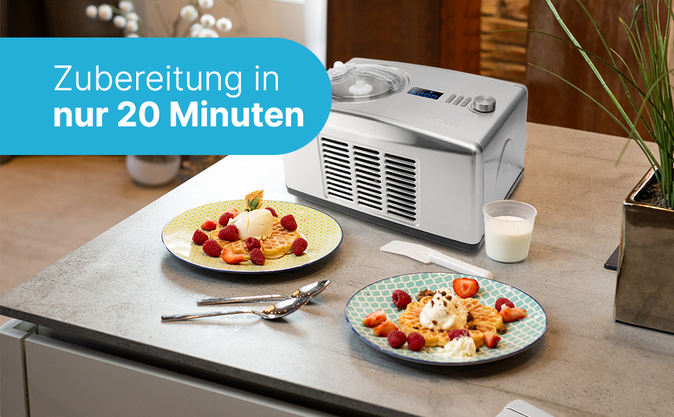 Машина для приготування морозива та йогурту ProfiCook® ICM 1091 N з нержавіючої сталі | Морозиво за 20 хвилин | Об'єм до 1500 мл | З компресором | Для морозива та замороженого йогурту | В комплекті рецепти, шпатель для морозива та мірний стакан | Нова модель