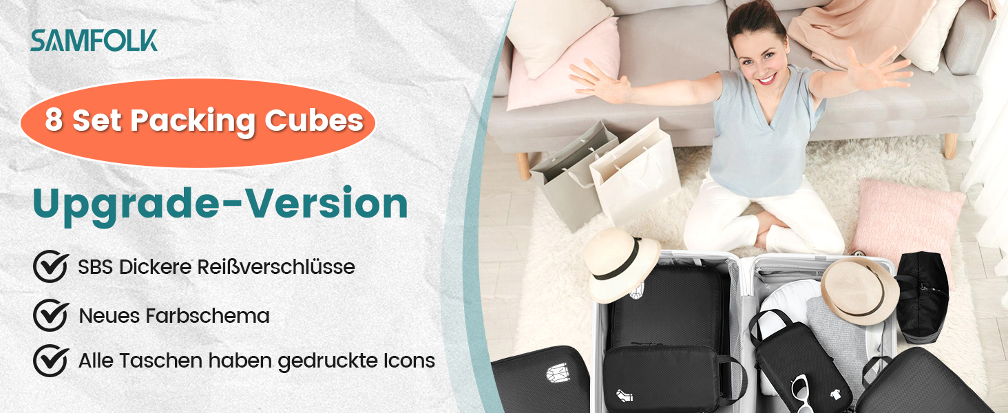 Набір органайзерів для подорожей у валізу з компресією, 8 шт, водонепроникні пакувальні куби для ручної поклажі та рюкзака, світло-блакитний