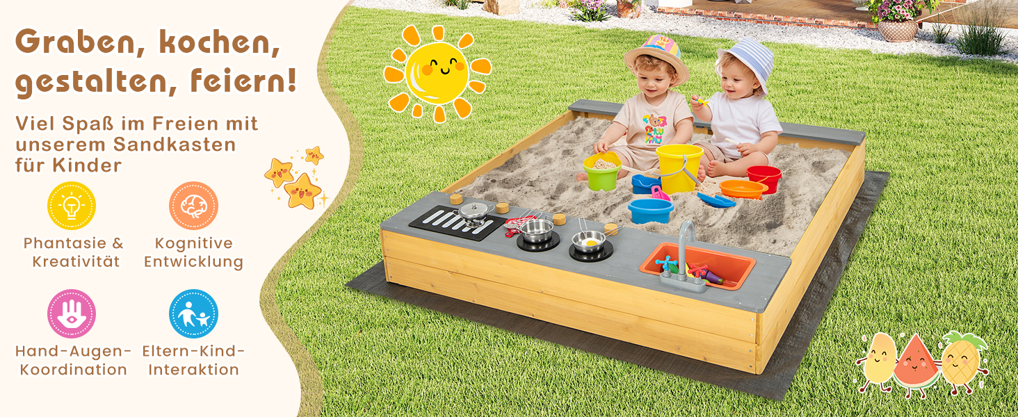 Пісочниця DREAMADE 135x125x20 см з сосни для вулиці: пісочний набір з аксесуарами та лавкою