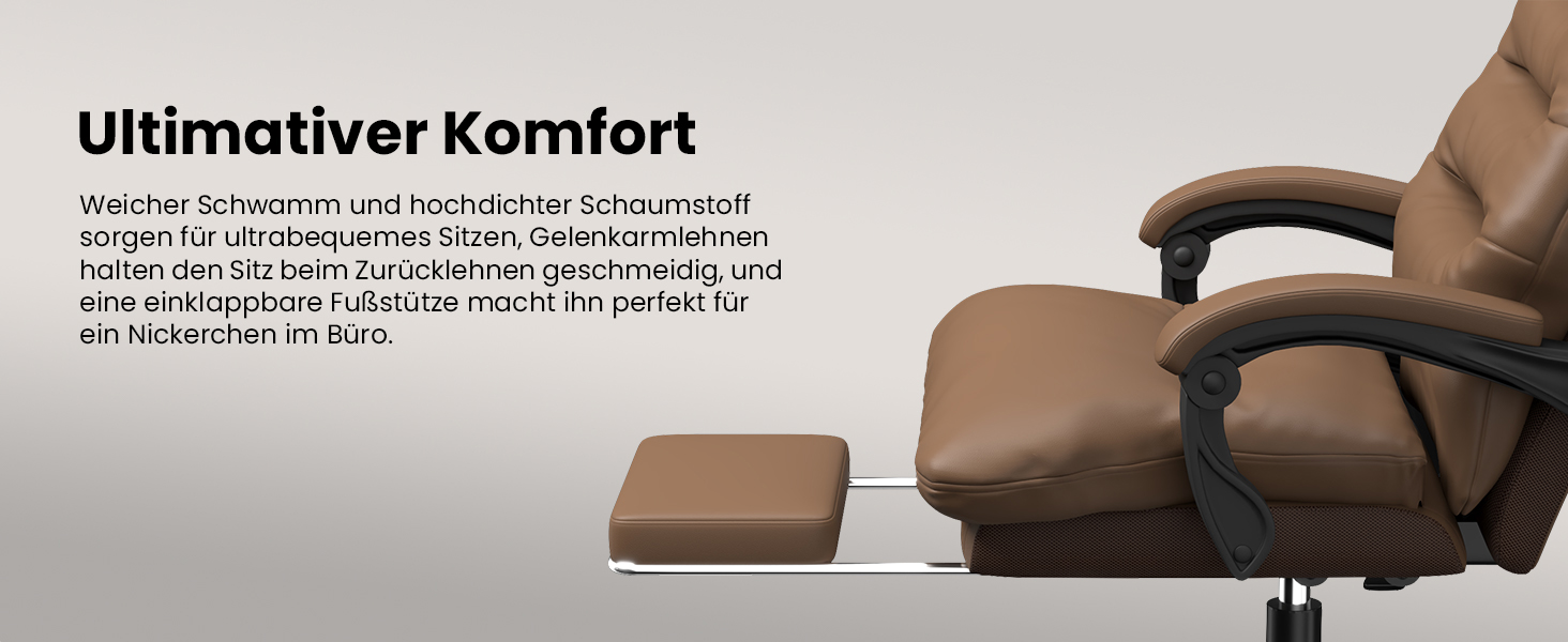 Ергономічне крісло для офісу Naspaluro з підніжкою, комп'ютерне крісло з подвійним шаром подушок, високою спинкою, функцією відкидання, регулюванням висоти, PU-шкіра, до 150 кг (колір: коричневий, штучна шкіра)