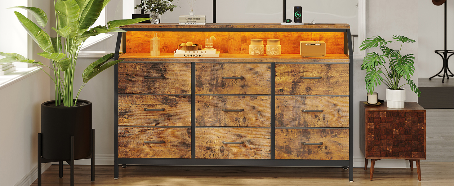 Комод ODK з висувними ящиками, 9 тканинних ящиків, 2 розетки, 2 USB-порти, LED-підсвітка, для спальні/вітальні, вінтажний стиль