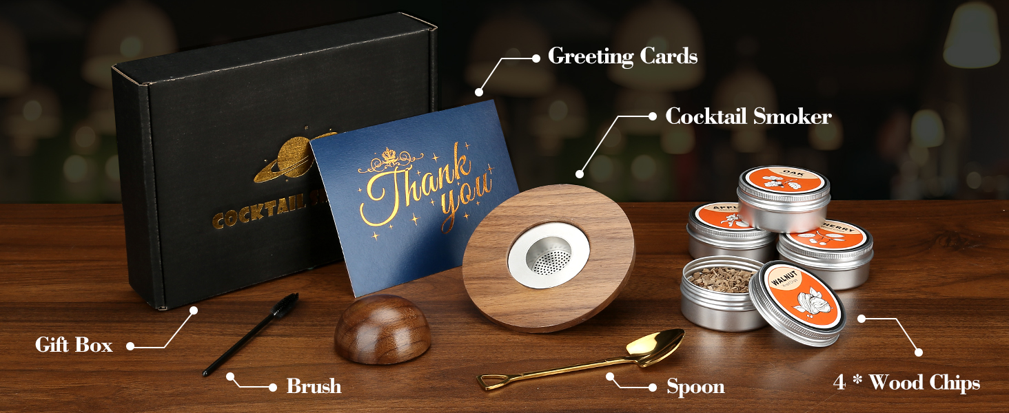 Набір для копчення коктейлів та віскі, з 4 дерев'яними стружками, подарунок на День батька, для Old Fashioned, коктейлів, віскі, бурбону, кави, м'яса, горіхів Saturn - горіх