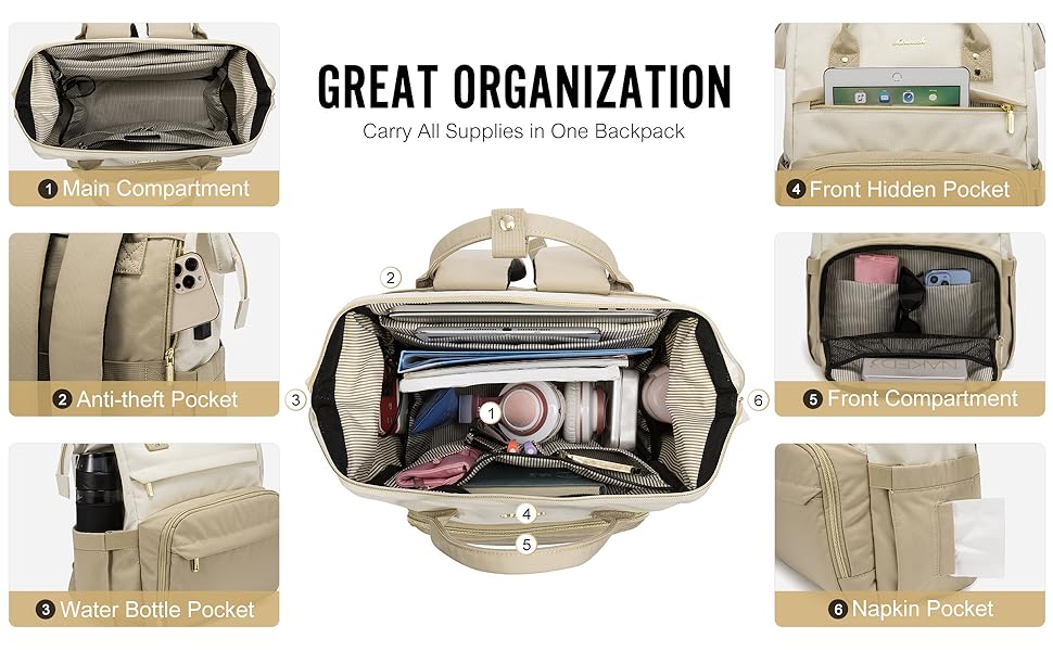 Рюкзак для ноутбука LOVEVOOK для жінок, великий шкільний рюкзак для підлітків, рюкзак ручної поклажі, водонепроникний дизайн, дихаючі плечові ремені, для університету, школи та подорожей, бежево-сірий (17 дюймів, B- Beige Khaki)