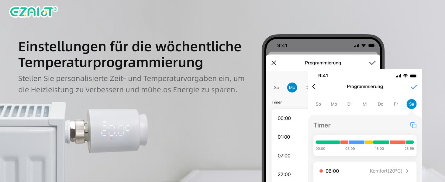 Розумний термостат на радіатор Wi-Fi Tuya EZ-TRV702W з програмуванням, датчиком температури та керуванням через додаток