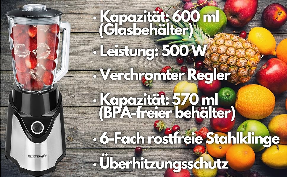 Блендер стаціонарний 6-кратний металевий ніж 570 мл Кружка To-Go 600 мл Імпульсна функція 500 Вт Скло з нержавіючої сталі Універсальний потужний міксер Подрібнювач льоду Протеїновий шейкер Подрібнювач Смузі-мейкер