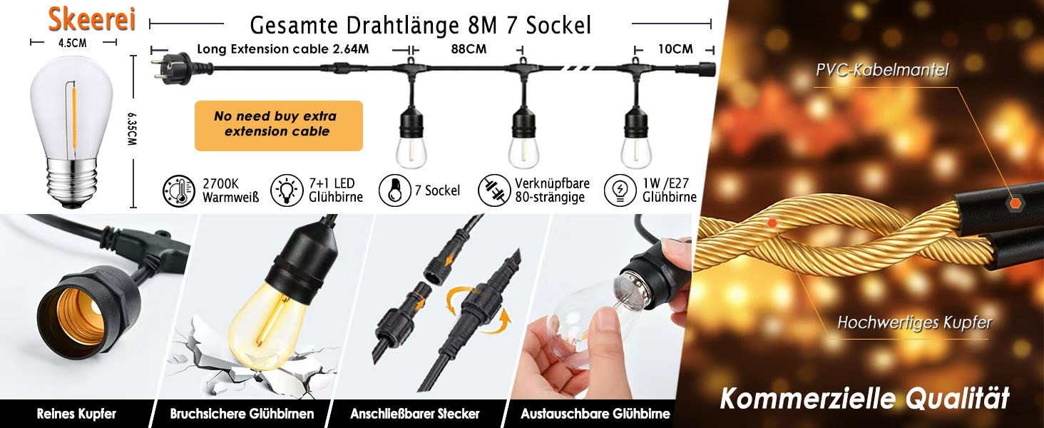 LED гірлянда для саду та тераси, вологостійка IP65, 15+1 лампочки E27, 2700K тепле біле світло, 8м, для вечірок та свят [Енергоклас G]