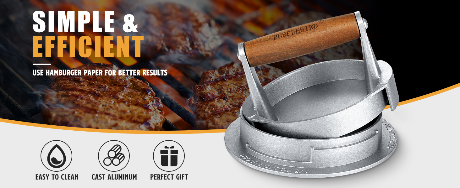 Пресс для бургерів PURPLEBIRD з алюмінію, 10.8 см, регулювання товщини, з дерев'яною ручкою | Прес для паті, гамбургерів, BBQ