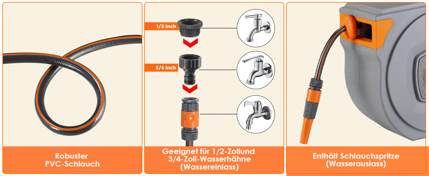 Шланговий барабан з шлангом для саду, настінний, поворотний на 180°, автоматичне змотування, шланговий бокс з ручною лійкою (9 функцій), для поливу, миття авто (сіро-помаранчевий, 20м)