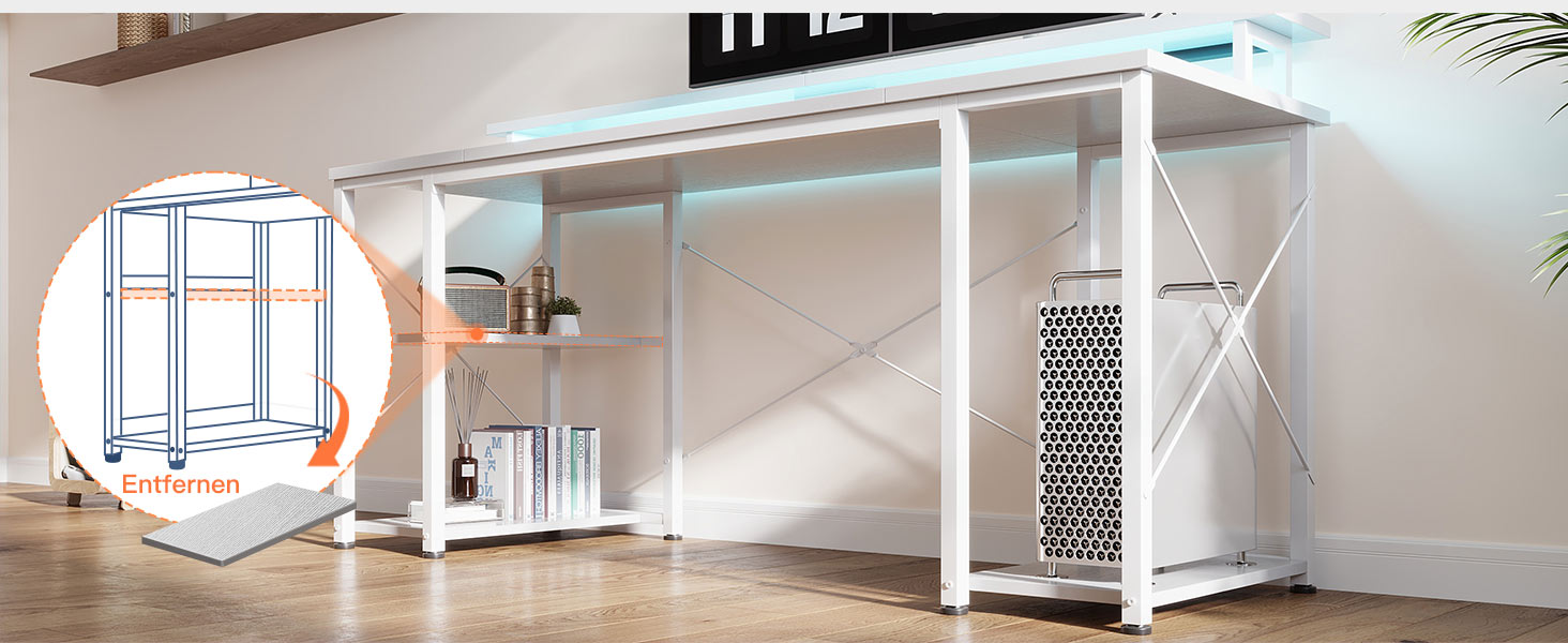 Ігровий стіл Coleshome з LED-підсвічуванням, комп'ютерний стіл з 2 розетками та 2 USB-портами, стіл для геймінгу з підставкою для монітора та місцем для зберігання, для дому та офісу (білий, 120x50 см)