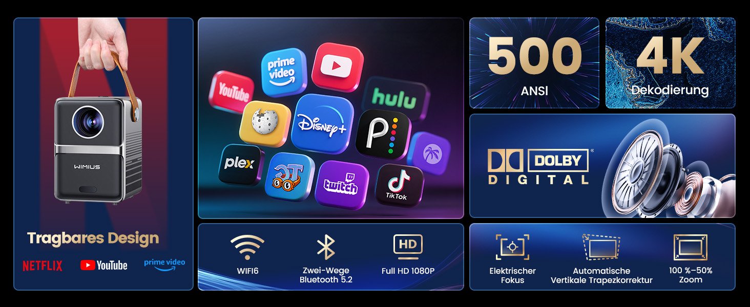 Проектор Mini Beamer 4K Smart з WiFi6, Bluetooth, Dolby Audio, підтримкою Netflix, автофокусом та вертикальною корекцією, сірий