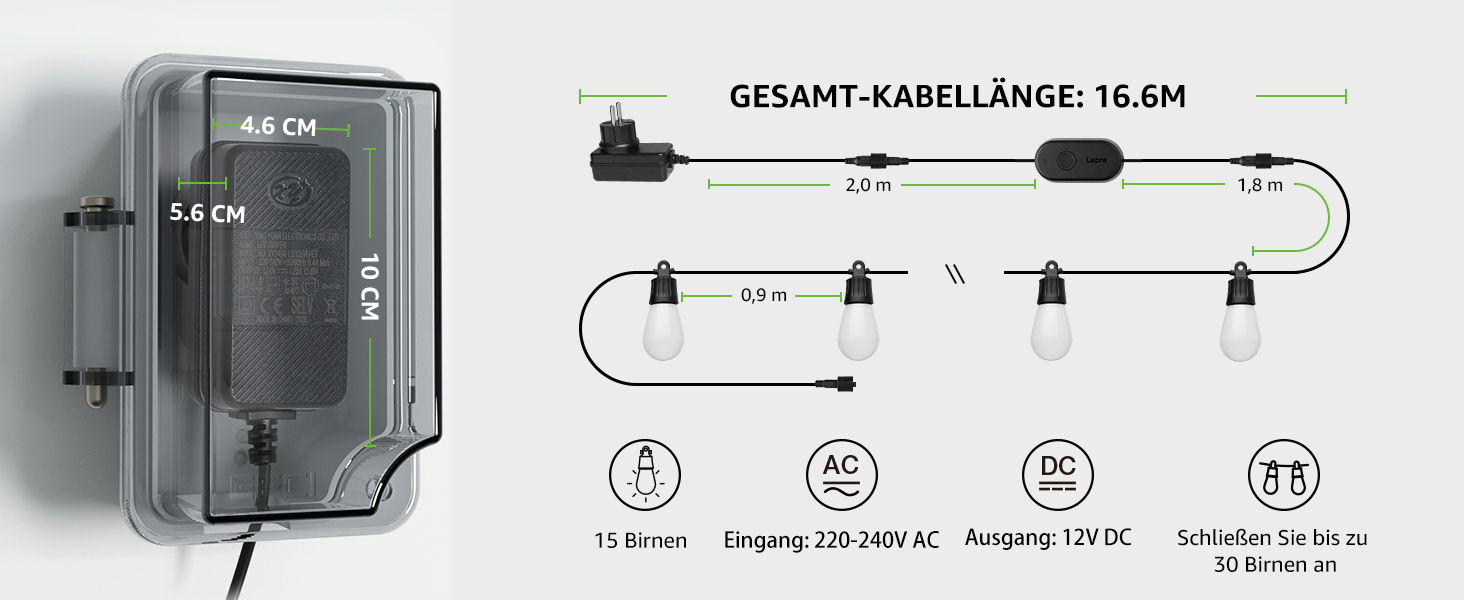 Lepro LED гірлянда для зовнішнього використання 30м, RGB+тепле біле світло, Wi-Fi, керування через додаток, сумісна з Alexa/Google, IP65, AI-дизайнер світла, 30 LED, без пульта