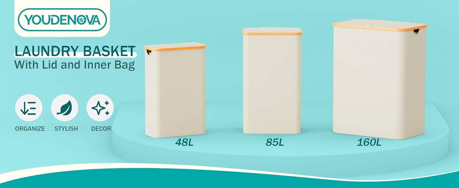 Кошик для білизни Youdenova з кришкою, великий, 160л, бамбук та дерево, сортувальник для білизни, білий
