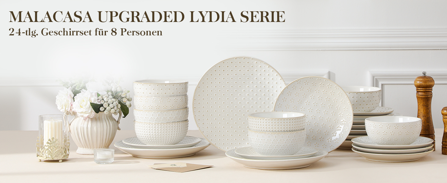 Набір посуду Malacasa LYDIA (24 шт.) для 4 осіб, бежевий: 16-ти частинний сервіз зі столових тарілок та чашок з рельєфом, з каменю