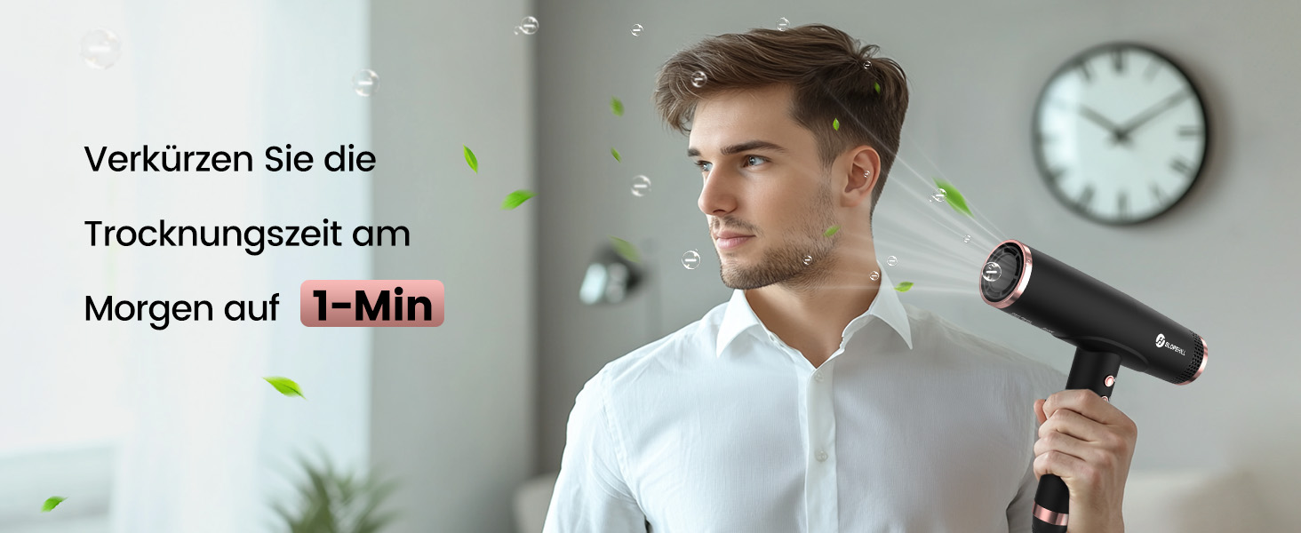 Іонний фен для волосся Slopehill з безщітковим двигуном 110,000 RPM, біокерамічний технологічний обдув, магнітний дифузор, низький рівень шуму, матовий чорний