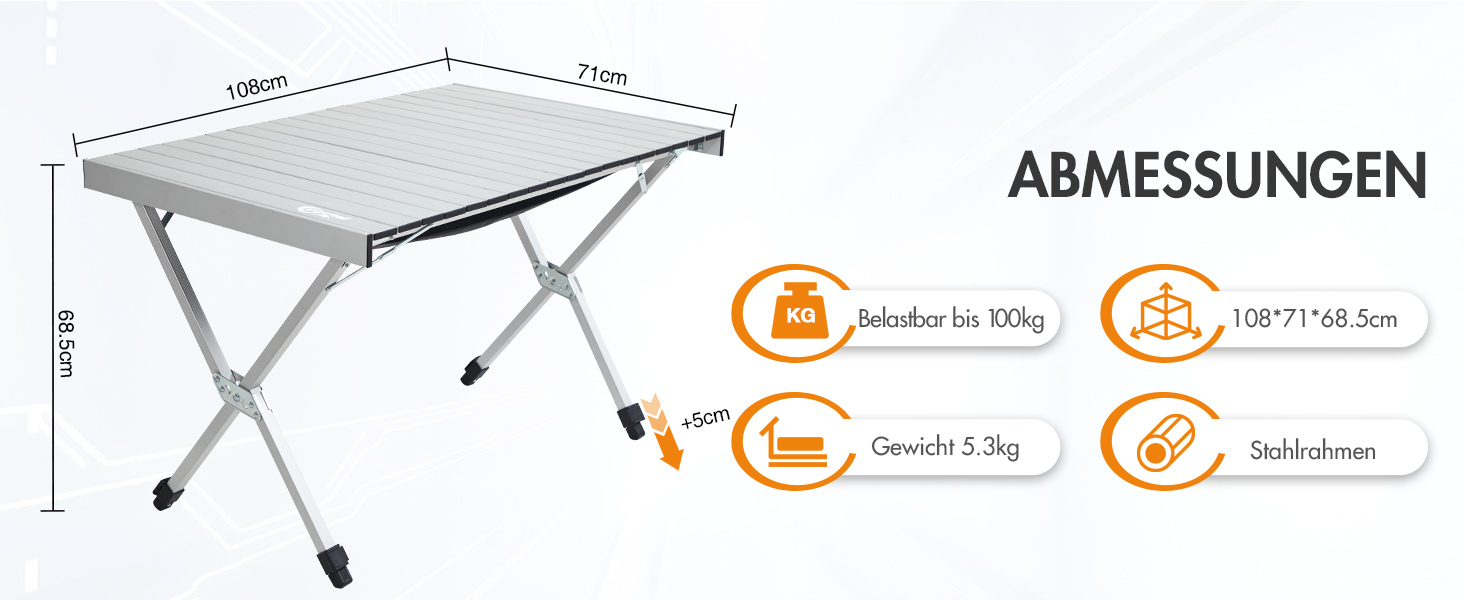 Складаний кемпінговий стіл PORTAL з регулюванням висоти, алюмінієвий, 108 x 71 см, легкий стіл для пікніка, саду та подорожей (Сріблястий)