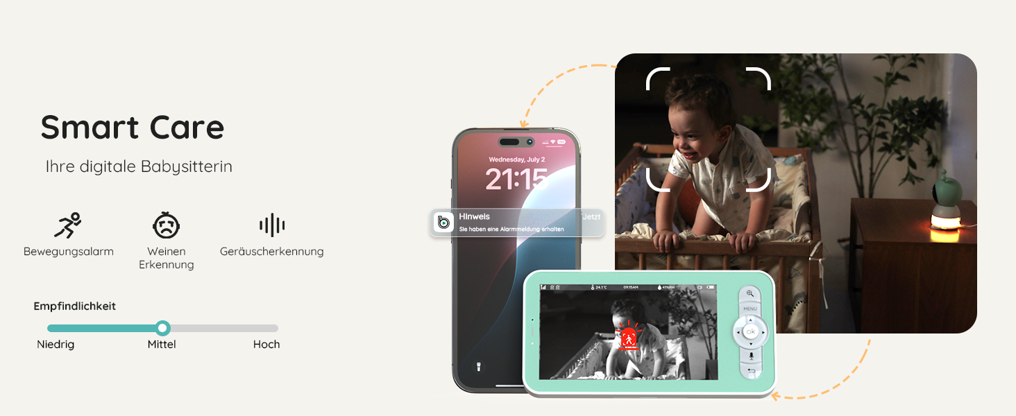 BOIFUN Додаткова камера для немовлят 6T 2K WiFi: відеоняня з нічником, датчиком руху/плачу/звуку, AI-відстеженням, датчиком температури та вологості, записом відео