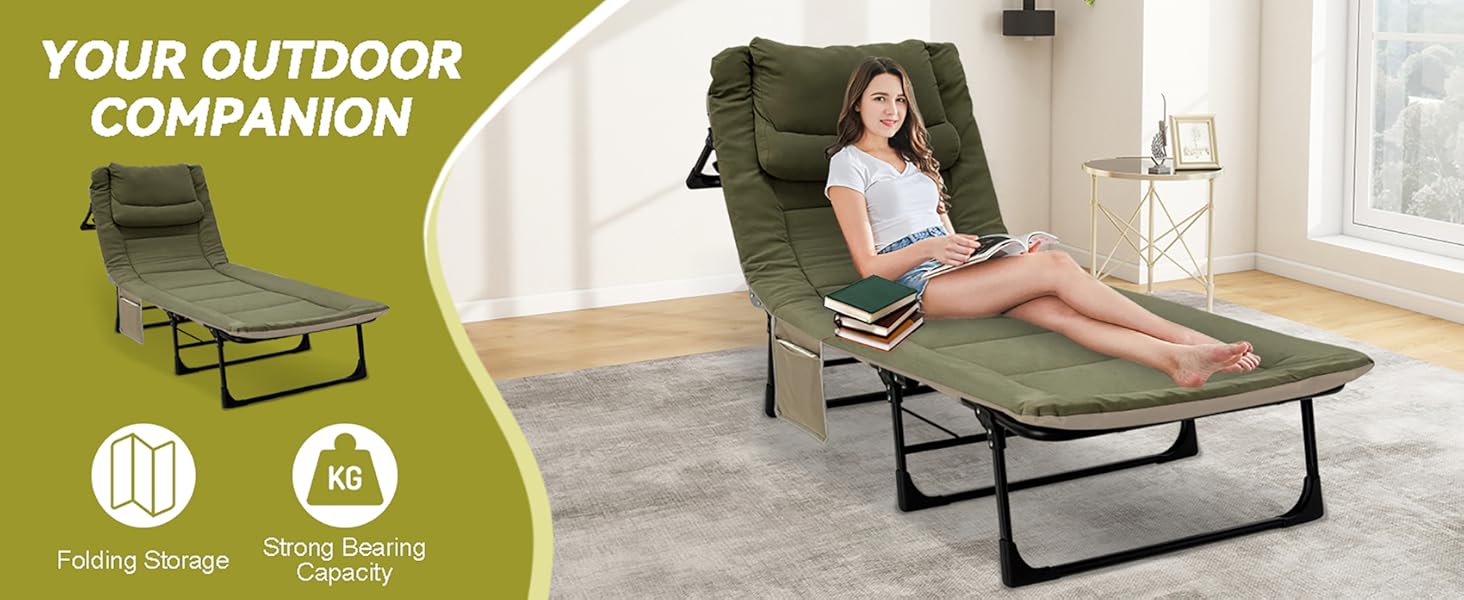Розкладне кемпінгове ліжко XXL — Широка складана койка-розкладачка з регульованою спинкою для відпочинку, риболовлі та саду, зелена
