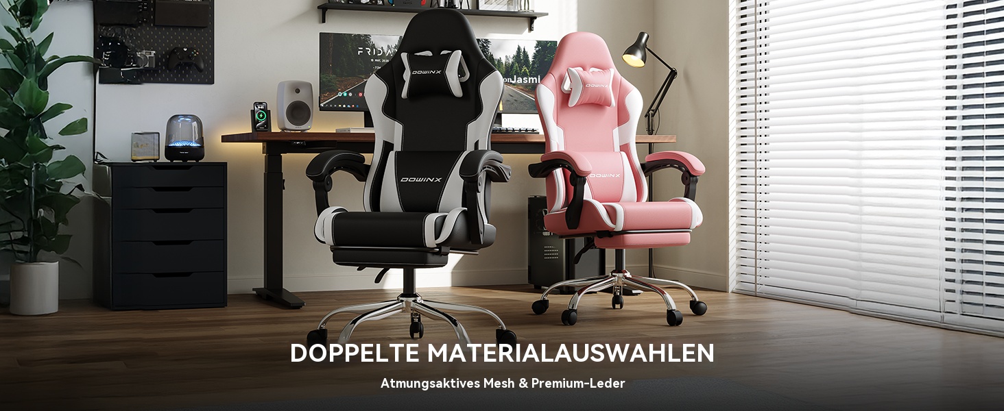 Ігровий крісло Dowinx з підніжкою та масажем попереку. Ергономічне, комфортне, з підголівником. Підходить для офісу, дому, стрімінгу та тривалих ігрових сесій. Білий (рожевий)