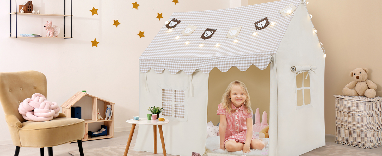 Дитячий намет Mamizо з килимком, прапорцями та світлом, зручний та дихаючий. Ігровий будиночок для дітей, намет для хлопчиків та дівчаток, 125x90x123 см, бежевий колір.
