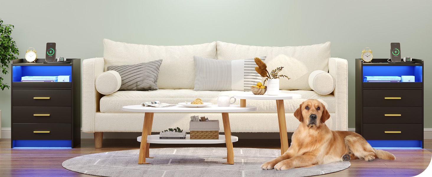 Нічний столик FREDEES з LED-підсвічуванням, ящиком, зарядкою та датчиком руху, сірий (2), чорний