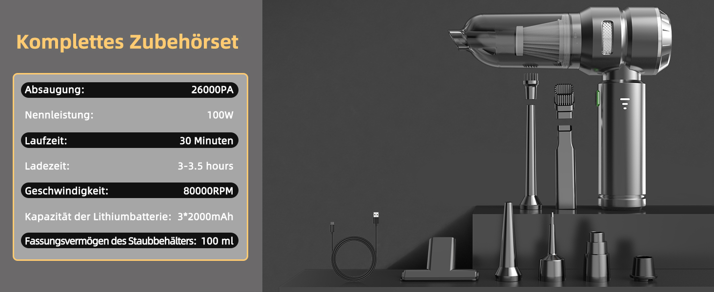 Акумуляторний ручний пилосос 26000Па 4-в-1 з безщітковим двигуном для авто, дому та шерсті тварин, 3 режими потужності, темно-сірий