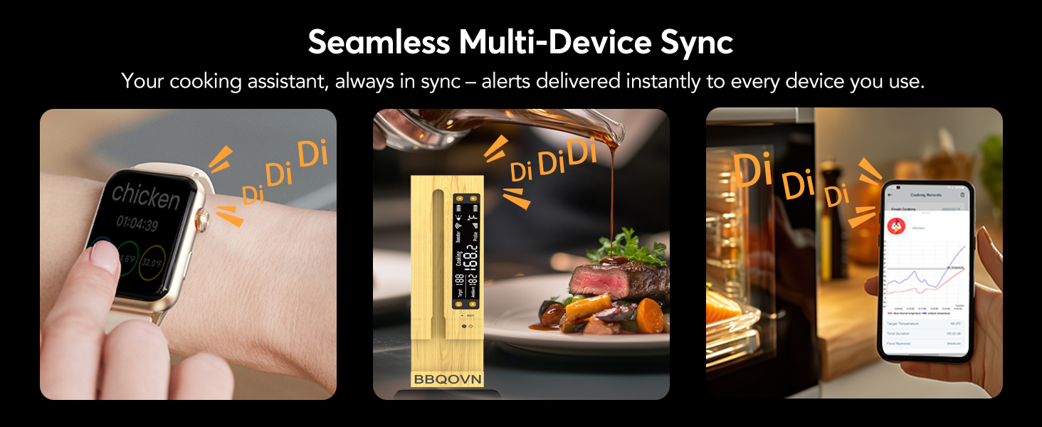 Термометр для м'яса WLAN Sub-1G з необмеженим радіусом дії, цифровою Smart-базою та 7 сертифікованими NIST-сенсорами – моніторинг температури навколишнього середовища для BBQ, гриля, духовки та Smoker (1 шт, чорний, компактний)