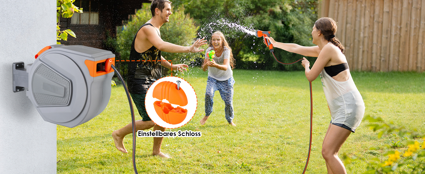 Шланговий барабан з шлангом для саду, настінний, поворотний на 180°, автоматичне змотування, шланговий бокс з ручною лійкою (9 функцій), для поливу, миття авто (сіро-помаранчевий, 20м)