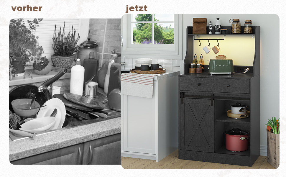 Чорний буфет-шафа з LED-підсвіткою, великою шухлядою та регульованими полицями для кухні, вітальні, їдальні