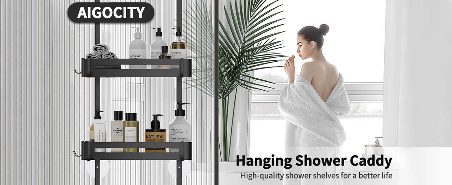 Настінна поличка для душу без свердління, чорна, для скляних душових кабін, регульована висота, 3 гачки для шампуню та гелю для душу