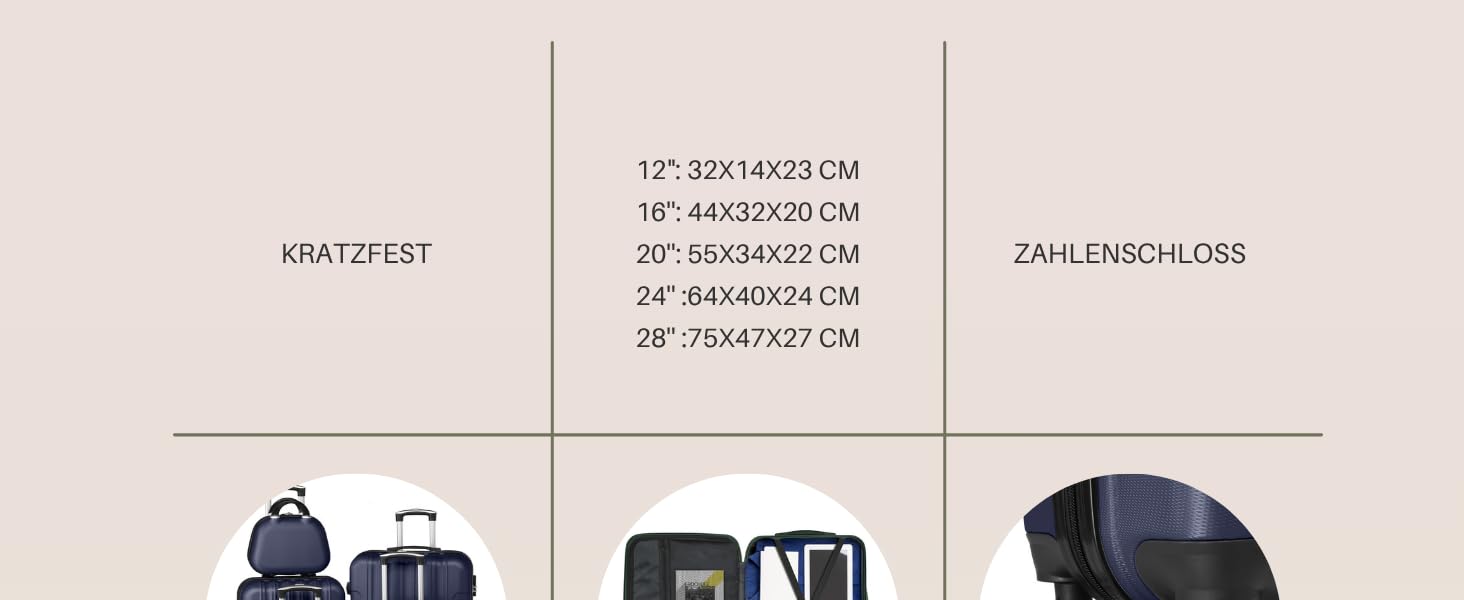 Набір валіз LALAHO 5 шт. з косметичками, з ABS пластику, для подорожей, ручна та велика валіза, блакитний (смужки)