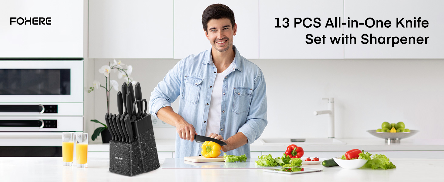Набір ножів FOHERE 13 предметів з підставкою, нержавіюча сталь, з інтегрованим точилом, антипригарне покриття, ергономічні ручки, чорний граніт