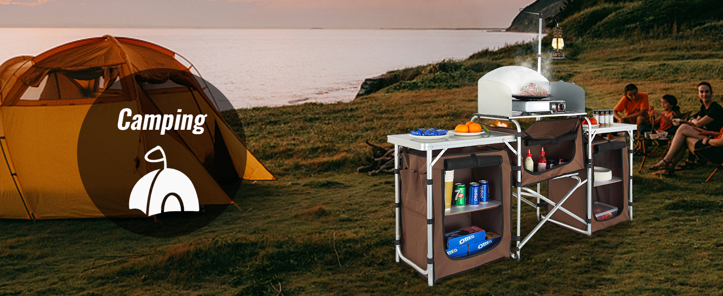 Кухонний шафка VEVOR для кемпінгу: 174 x 176 x 46 см, складаний, з ламповим стовпом та гачками, для відпочинку на природі, пікніків. Алюмінієвий каркас, кухонна коробка, кемпінговий вогонь.