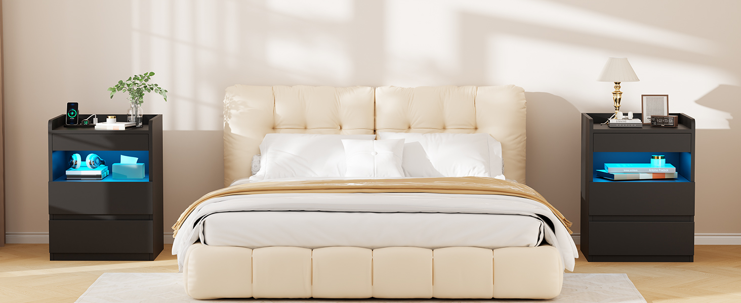 Нічний столик BEWISHOME 2 шт., з прихованою поличкою та розеткою, з функцією зарядки, для вітальні та спальні (чорний) EFCG02B