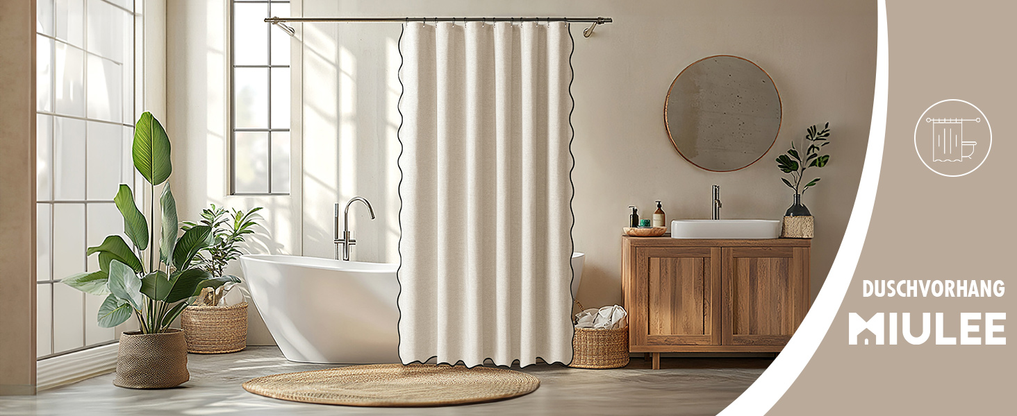 Шторка для душу MIULEE 120x200 см, льонова текстура, бежева, з чорною окантовкою, водонепроникна, антигрибкова, з 8 кільцями, для ванної кімнати