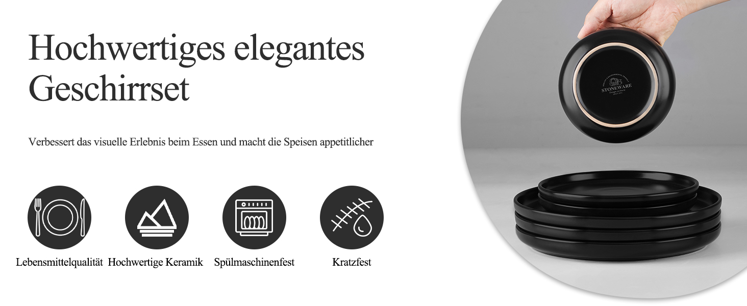 Набір посуду Joyfair на 6 осіб, 18 предметів, кераміка, чорний (Abyssal Schwarz). Тарілки обідні, десертні, миски для сніданку. Стійкий до подряпин, для мікрохвильовки та посудомийної машини