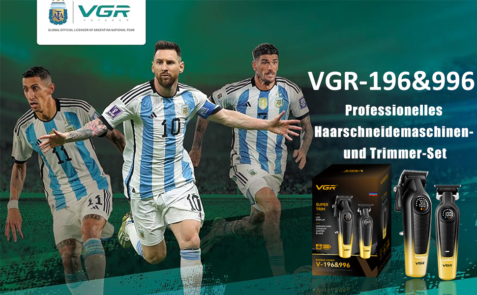 VGR 196 & 996 Професійний набір машинок для стрижки волосся бездротових, з керамічними титановими лезами, LED-дисплеєм, 10 насадками та гребінцем, зелений (золотий)