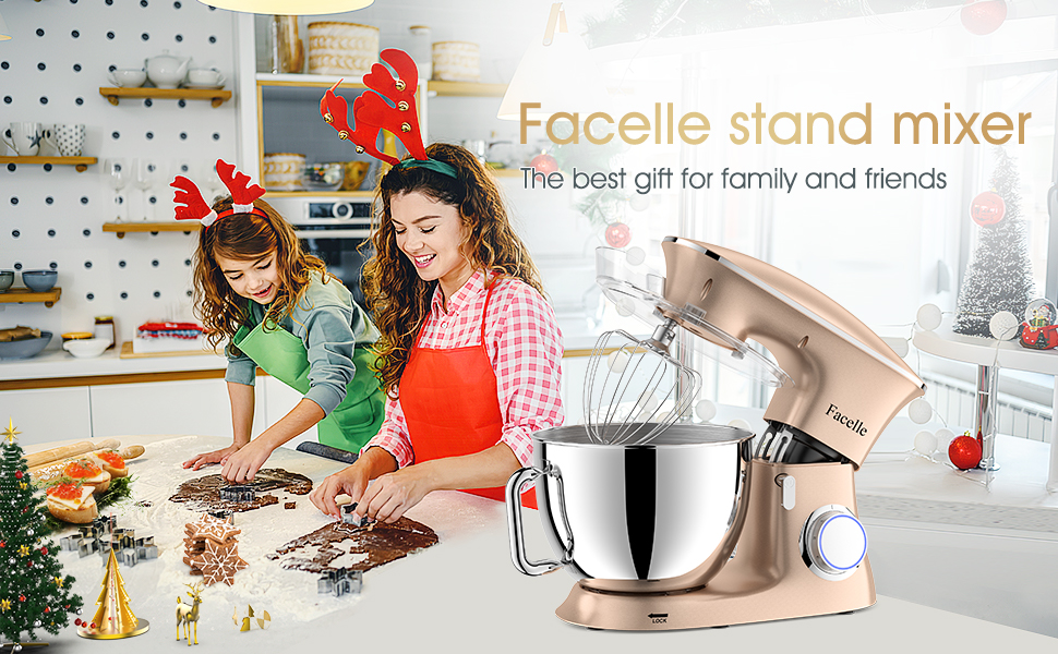 Кухонна машина-міксер Facelle 2000W з чашею 8,5L (6+ швидкостей) для випічки, тіста, міксування, з набором насадок (снігобій, гак для тіста, вінчик) та захистом від бризок, колір Champagne