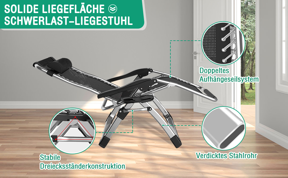 Складаний лежак з підголівником, 200 кг, сірий – для дому, балкону, пляжу, басейну