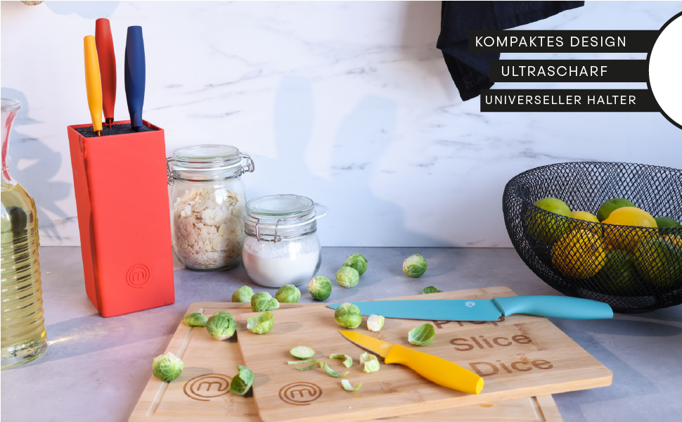 Набір ножів MasterChef 5-ти частинний: кухарський, хлібний, сатокі, овочевий, універсальний. З нержавіючої сталі, гострі, чорний, Soft-Touch ручки.