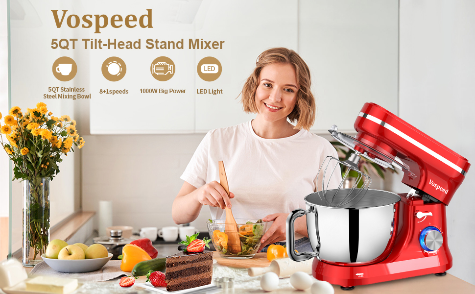 Кухонний комбайн-міксер Vospeed 1000W, планетарний міксер з чашею з нержавіючої сталі 5л, 8 швидкостей, червоний