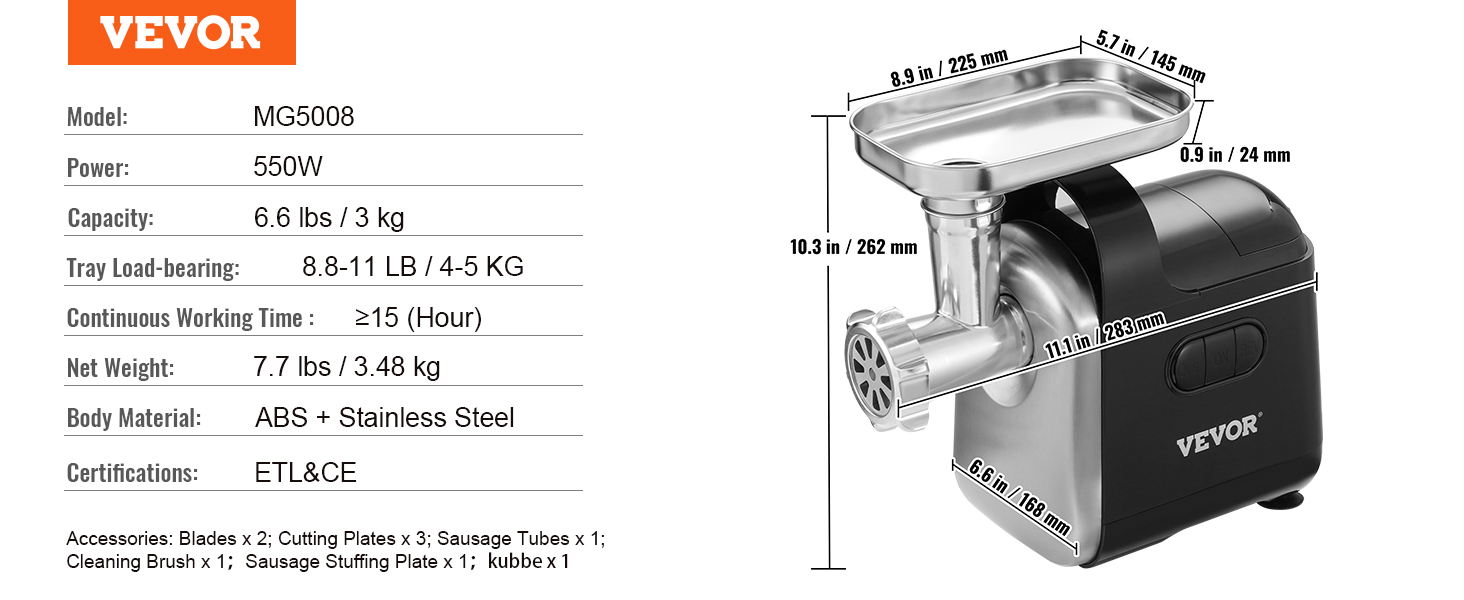 Електрична м'ясорубка VEVOR Машина для м'яса з нержавіючої сталі 3 кг/хвилину фарш, начинка для ковбаси з мультикухонним комбайном потужністю 550 Вт, включаючи 2 ріжучі пластини, 3 трубочки для ковбаси, 2 леза для яловичини, курки, індички тощо.