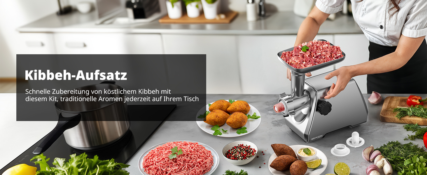 Електрична м'ясоподрібнювач AIRMSEN з насадкою для ковбас, 2 леза з нержавіючої сталі, 3 диски, аксесуар Куб, тихий промисловий двигун, для дому, нержавіюча сталь