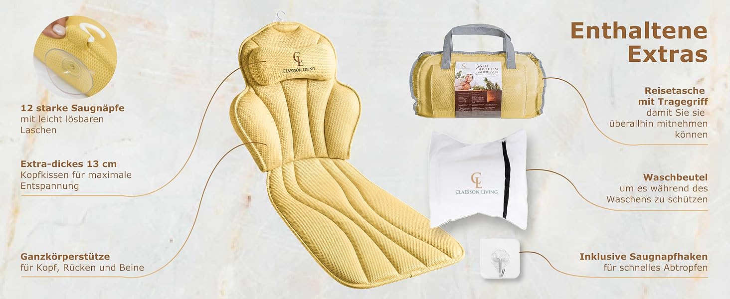 Подушка для ванни повне тіло (152x56 см) з підголівником (11 см) - підтримка шиї, спини та ніг - бежева. З сумкою для прання та подорожей, гачком для сушіння.