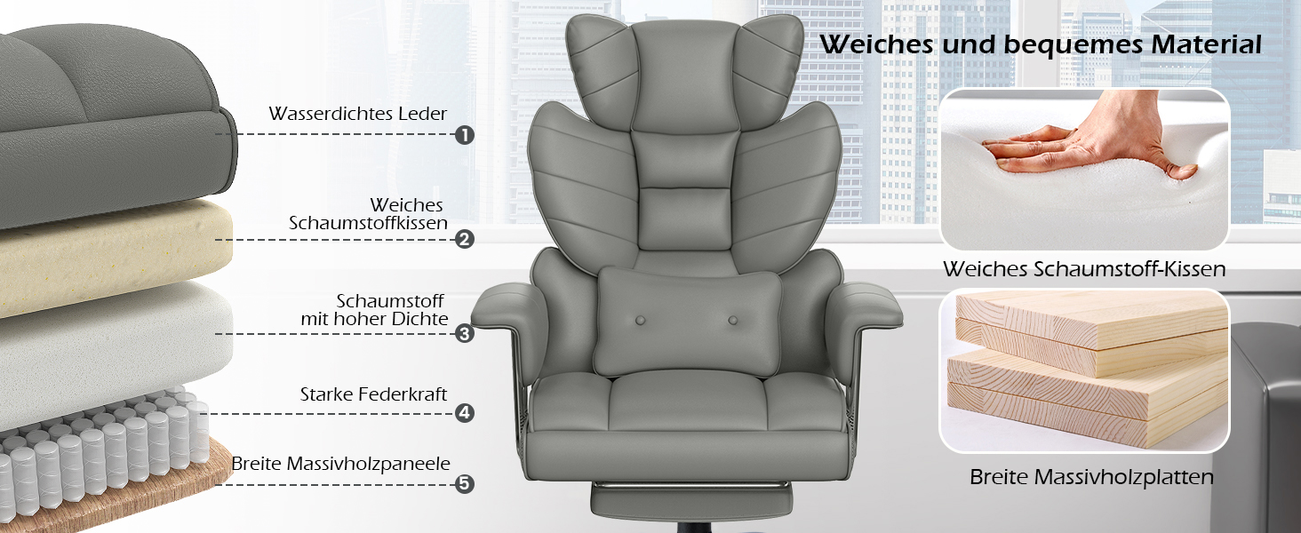 Офісний крісло NaspaLuro з підставкою для ніг, ергономічне, з підтримкою попереку, з високою спинкою, для дому та офісу, сірий, 77x66x134 см