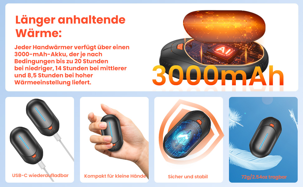 Електричні грілки для рук USB, 2 шт. - багаторазові, 3 режими нагріву, 20 годин роботи, для кемпінгу та активного відпочинку. Чорний колір.