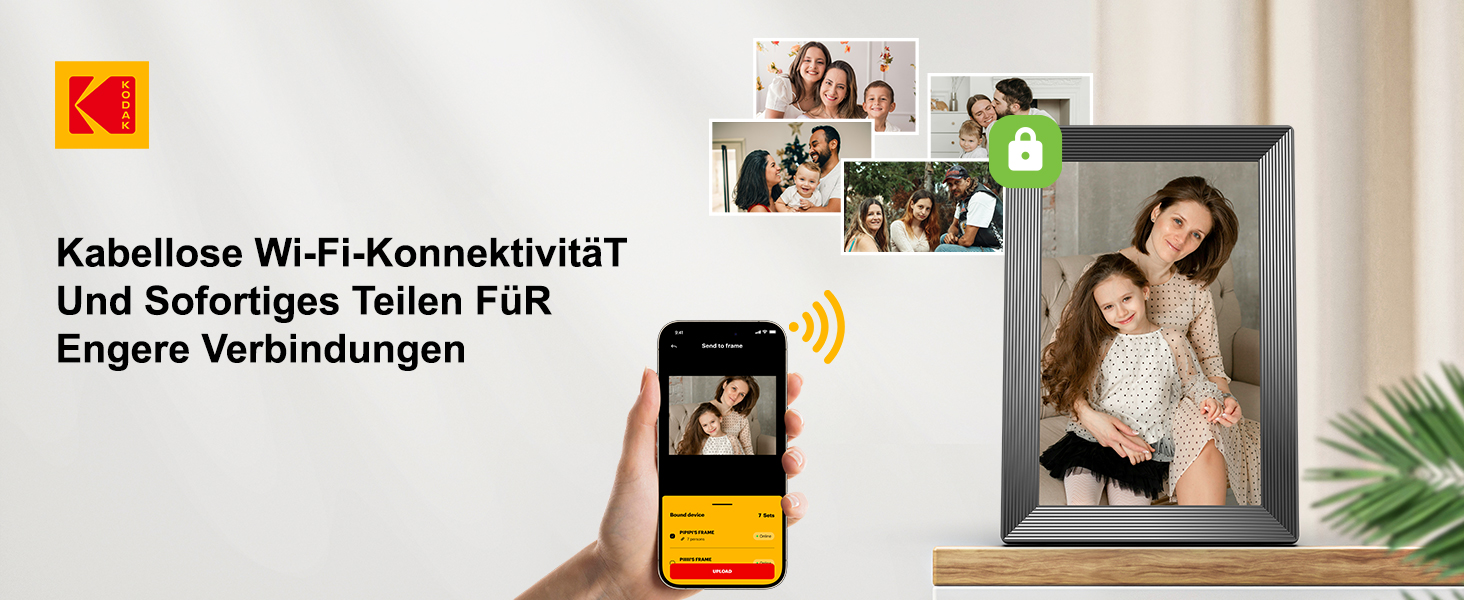 Цифровий фоторамка Kodak WiFi, 10.1 дюйма, HD IPS сенсорний екран, 32GB, автоматичне обертання, WiFi, для стін, чорний