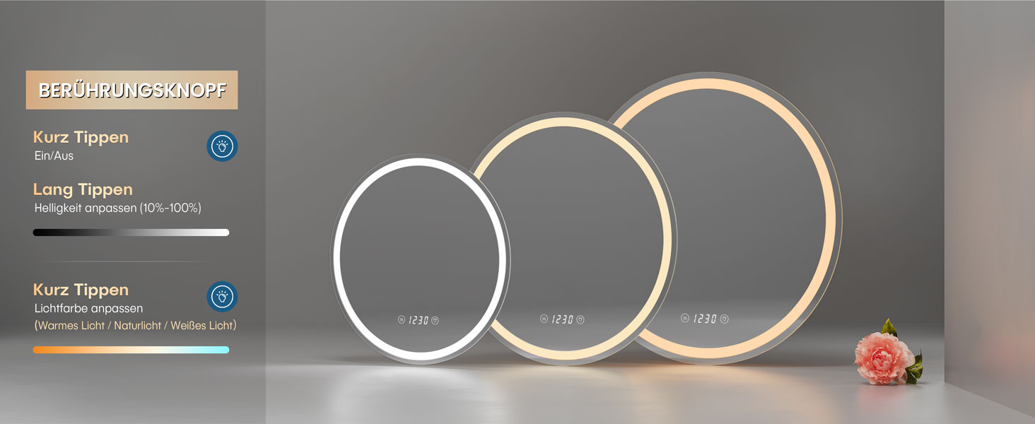 Дзеркало для ванної кімнати Dripex круглої форми з підсвічуванням LED, сенсорне керування, регулювання яскравості, 3 кольори світла, запобігання запотіванню, 50x50 см